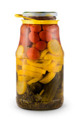 Glass jar with tinned vegetables isolated on white background with clipping path.