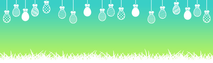 Easter banner with white easter eggs and grass on green and blue Easter banner with white easter eggs, flowers and grass on green and yellow gradient backgroundgradient background © ewelinaf