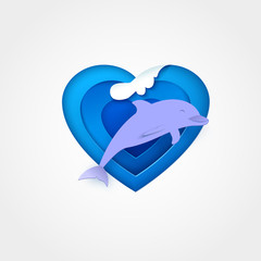Dolphin on blue heart shaped sea with wave