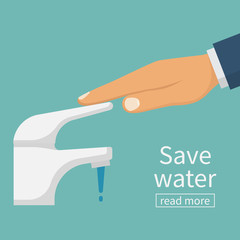 Save water concept. The man closes hand faucet. Shut off the water. Vector illustration flat design. Isolated on background. Care for saving resources.
