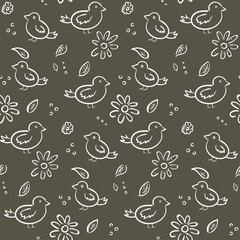 Cute monochrome pattern with birds and flowers