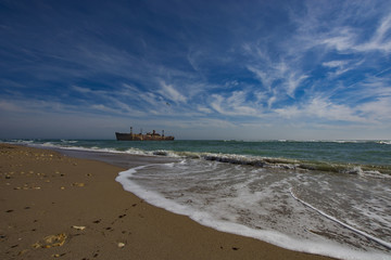 Panoramic view of Black Sea  and famous wreck Evangelina in a spring day