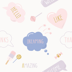 Hipster collage seamless pattern with speech bubbles, hello, like, thanks, amazing words and sweets. Glitter and pastel pink. For print and web.