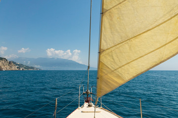 Nose floating along the sea shore sailing yacht