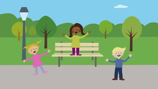 Children having fun in park. Animated character with flat design. Concept of childhood games and playing outdoors.