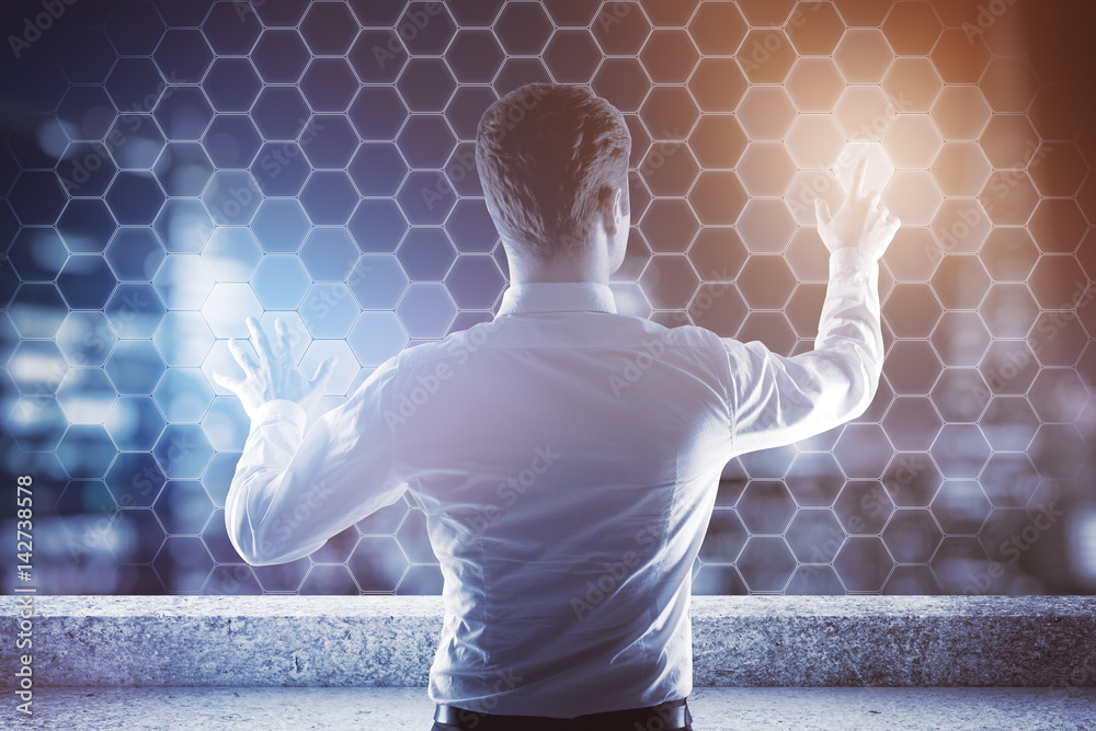 Poster man managing honeycomb cells