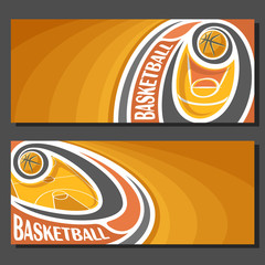Obraz premium Vector banners for Basketball game: thrown basketball ball flying on curve trajectory above sport court, 2 tickets to sporting tournament with empty field for title text on orange abstract background.