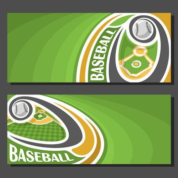 Vector banners for Baseball game: baseball ball flying on curve above baseball diamond sports field, 2 tickets to sporting tournament with empty field for title text on green art abstract background.