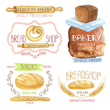 Vintage Bakery Labels.Watercolor logo.Bread shop