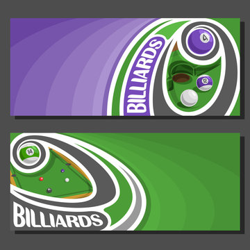 Vector banners for Billiards game: purple billiards ball on curve trajectory flying above pool table, 2 template tickets to snooker tournament with empty for title text on green abstract background.