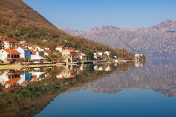 Bay of Kotor near seaside Prcanj town on a sunny spring day. Montenegro