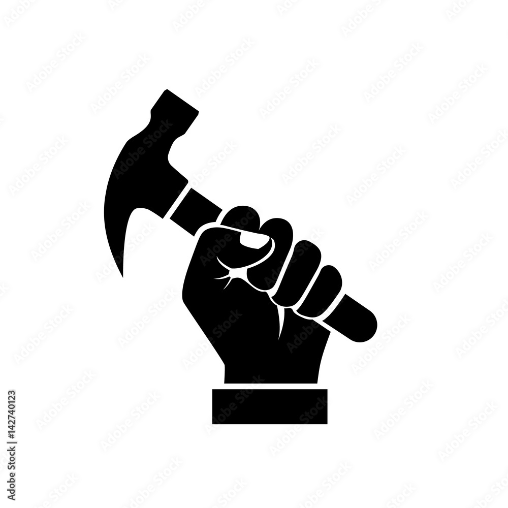 Wall mural hand holding hammer silhouette. black icon isolated on white background. vector illustration flat de