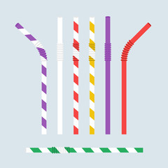 Straw for beverage. Striped colorful drinking straw isolated on background. Plastic pipe. Vector illustration flat design. Set is curved and straight. Cocktail, juice, drink.
