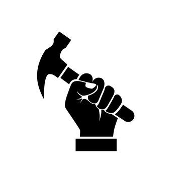 Hand holding hammer silhouette. Black icon isolated on white background. Vector illustration flat design style. Symbol of working. Pictogram tool. Can be like a logo, print.