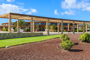 Fototapeta premium Coastal promenade green area in Las Playitas village and public beach, Fuerteventura, Canary Islands, Spain