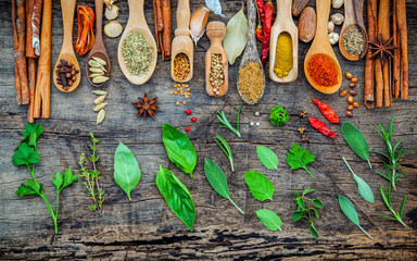 Various of spices and herbs in wooden spoons. Flat lay of spices ingredients chilli ,pepper corn,...