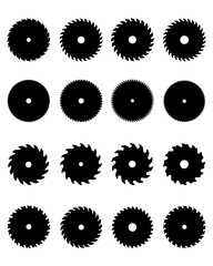Black silhouettes of different circular saw blades, vector