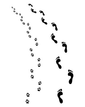Prints of human feet and dog paws, turn left