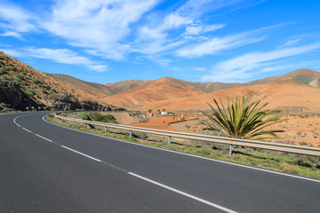 Scenic road in countryside landscape of Pajara village Fuerteventura, Canary Islands, Spain