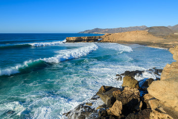 Naklejka premium Ocean waves on La Pared beach on western coast of Fuerteventura, Canary Islands, Spain