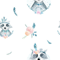 Watercolor boho floral pattern with raccoon. bohemian natural background: leaves, feathers, flowers,   Artistic decoration illustration. Save the date, weddign design, nursery illustration