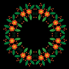 Embroidery stitches imitation round frame with orange flower with green leaf