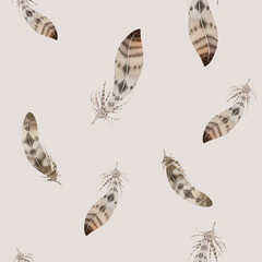 Feathers repeating pattern. Watercolor background with seamless