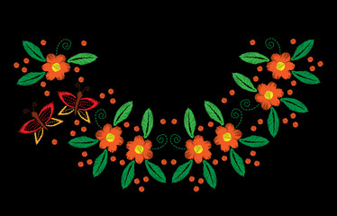 Embroidery stitches imitation with butterfly and flower with leaf