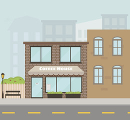 Vector facade of the house with coffee shop/cafe. Flat style. Vector illustration. EPS 10. 
