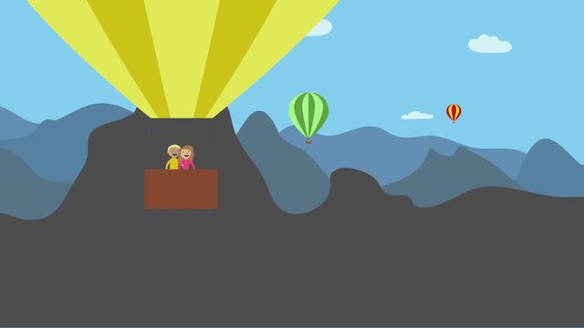 Hot air balloon with happy man and woman flying in nature with mountains. Animated character with flat design. Concept of romance, adventure and vacation.