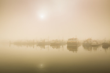 Fishing boats awaiting delayed departure in harbour due to heavy fog