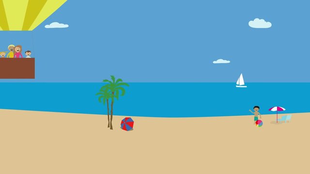Hot air balloon with family flying over beach and ocean. Animated character with flat design. Concept of fun childhood, adventure and vacation.