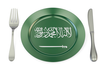 Saudi Arabia cuisine concept, plate with flag. 3D rendering