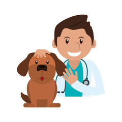 veterinarian doctor man with dog cartoon icon over white background. colorful design. vector illustration