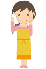 かわいいロングヘアの主婦　通話　悩む