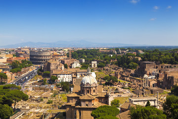 Fototapeta na wymiar Panorama of Rome with the Colosseum and the Roman Forum, Italy