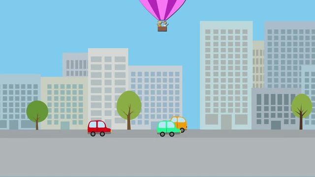 Hot air balloon with young boy and girl flying over city. Animated character with flat design. Concept of fun childhood, adventure and exploring.