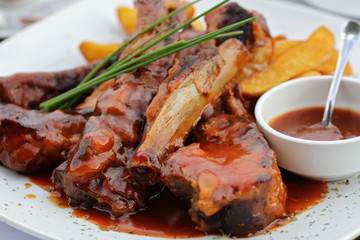 Roasted sliced pork ribs with barbecue sauce