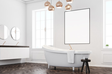 Gray bathroom interior with poster, corner