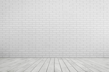 Empty room white brick wall, white wood floor