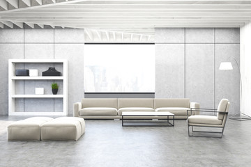 Gray living room with a white shelf, toned