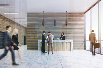 Wood reception, marble floor, front, people