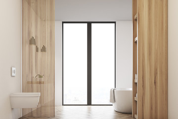 Bathtub with toilet, light wood