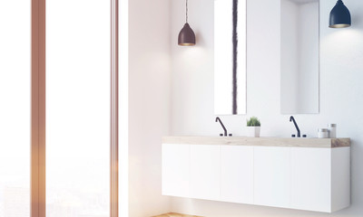 Double sink, white wall, side view, toned