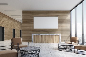 Fototapeta premium Wooden reception in furnished lobby, poster