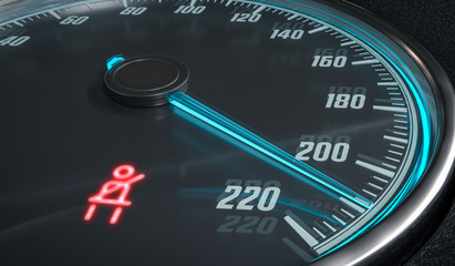 Seatbelt warning light control in car dashboard. 3D rendered illustration.