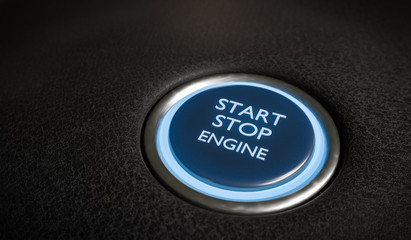 Start stop engine button in car interior. 3D rendered illustration.