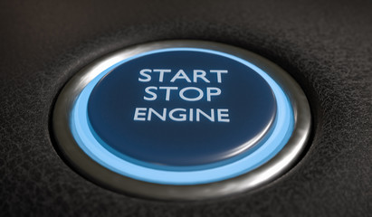 Start stop engine button in car interior. 3D rendered illustration.