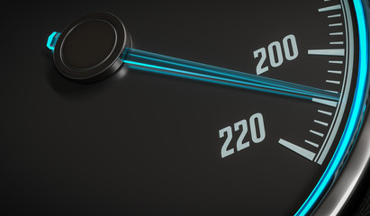 3D rendered illustration of illuminated speedometer in car interior.