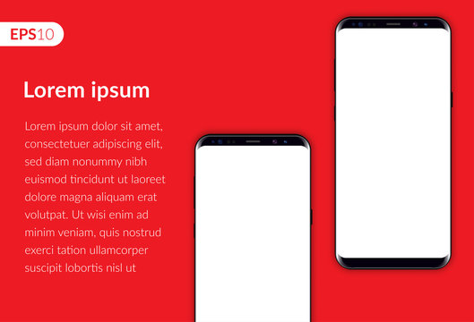 Phone, mobile smartphone design composition isolated on red background template. Realistic vector illustration mockup two phones for banner or advertising.